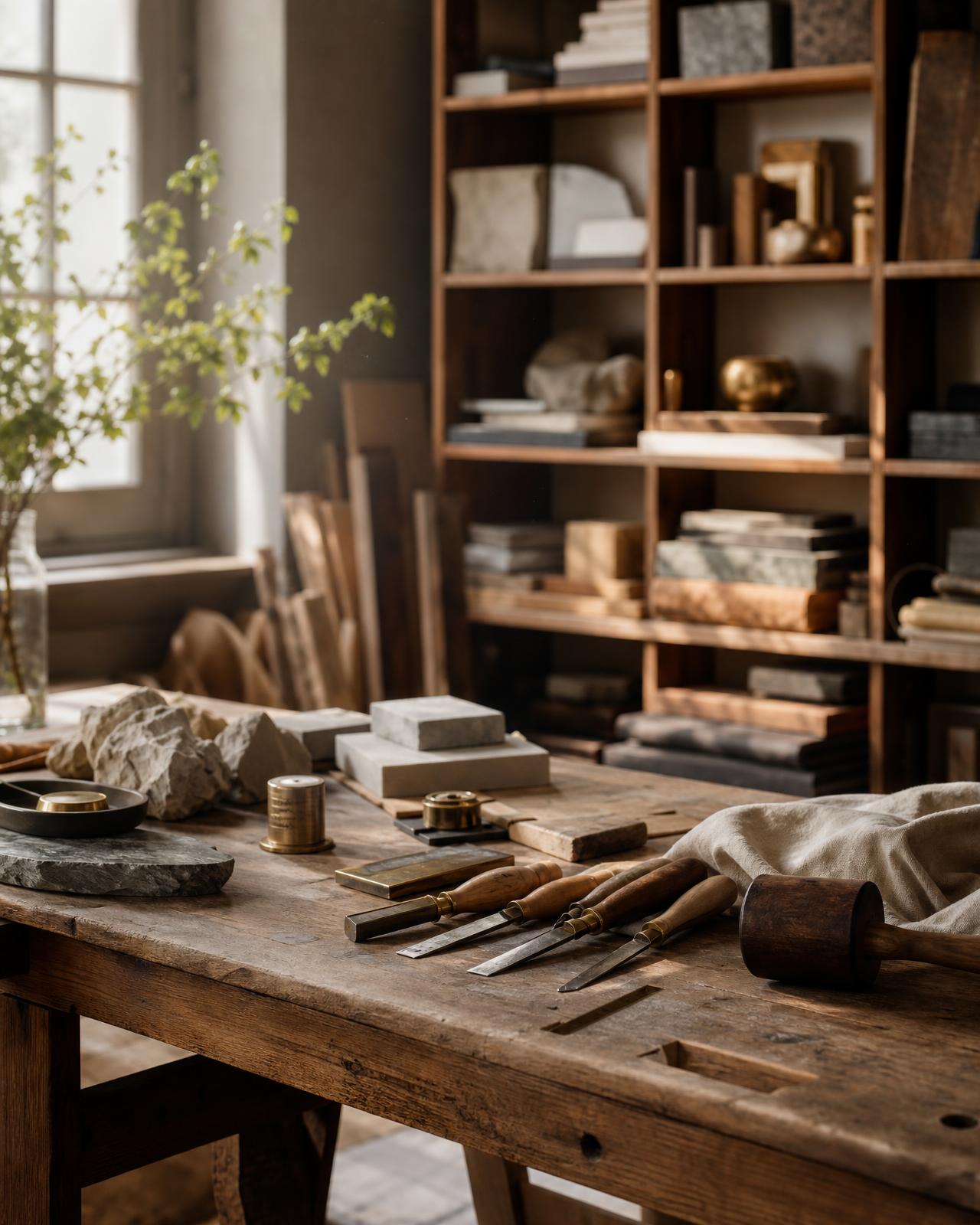 A warm, naturally lit craftsman's workshop with hand tools and raw materials on a solid wooden workbench